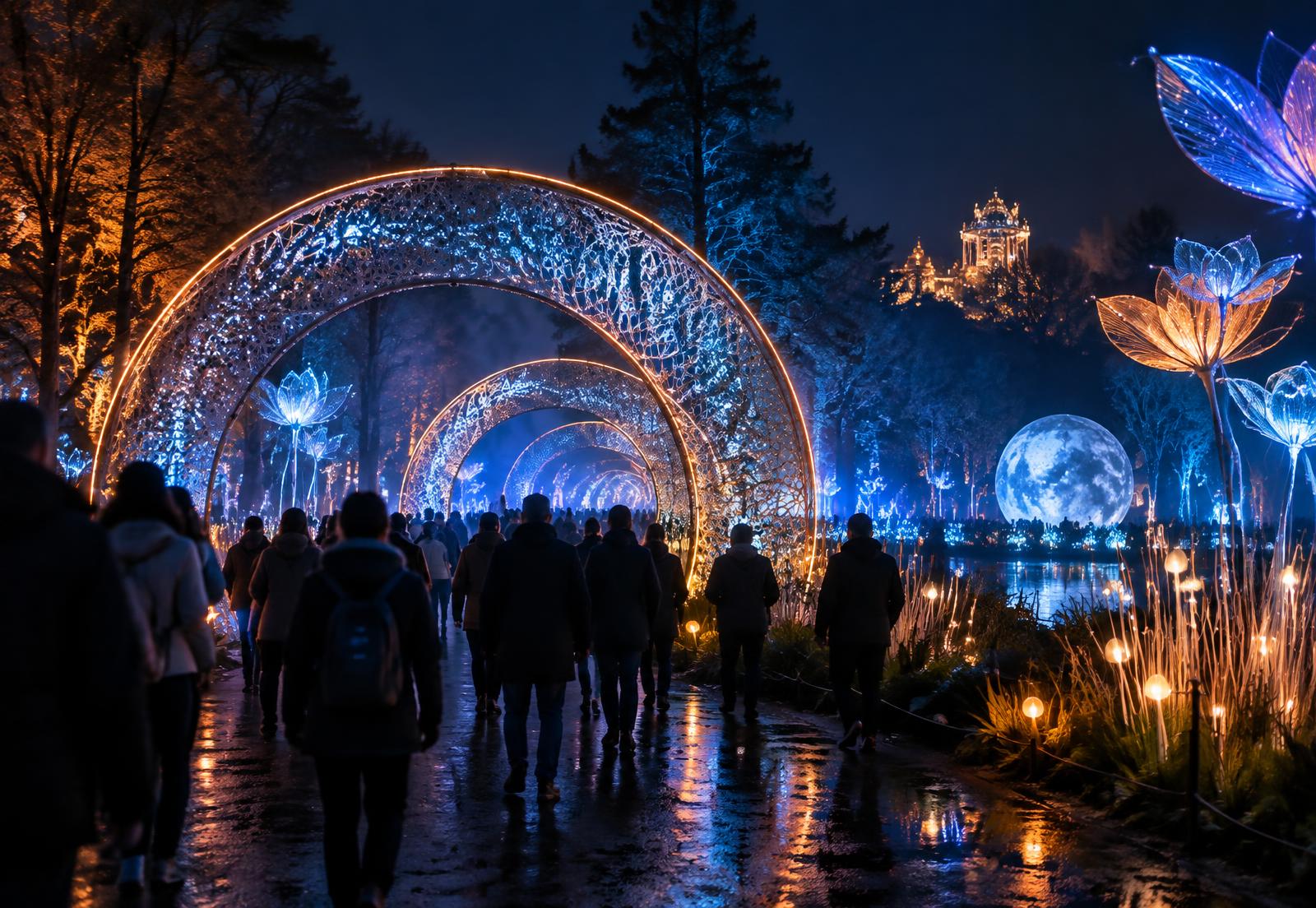 Guests walking through an illuminated night-time light attraction